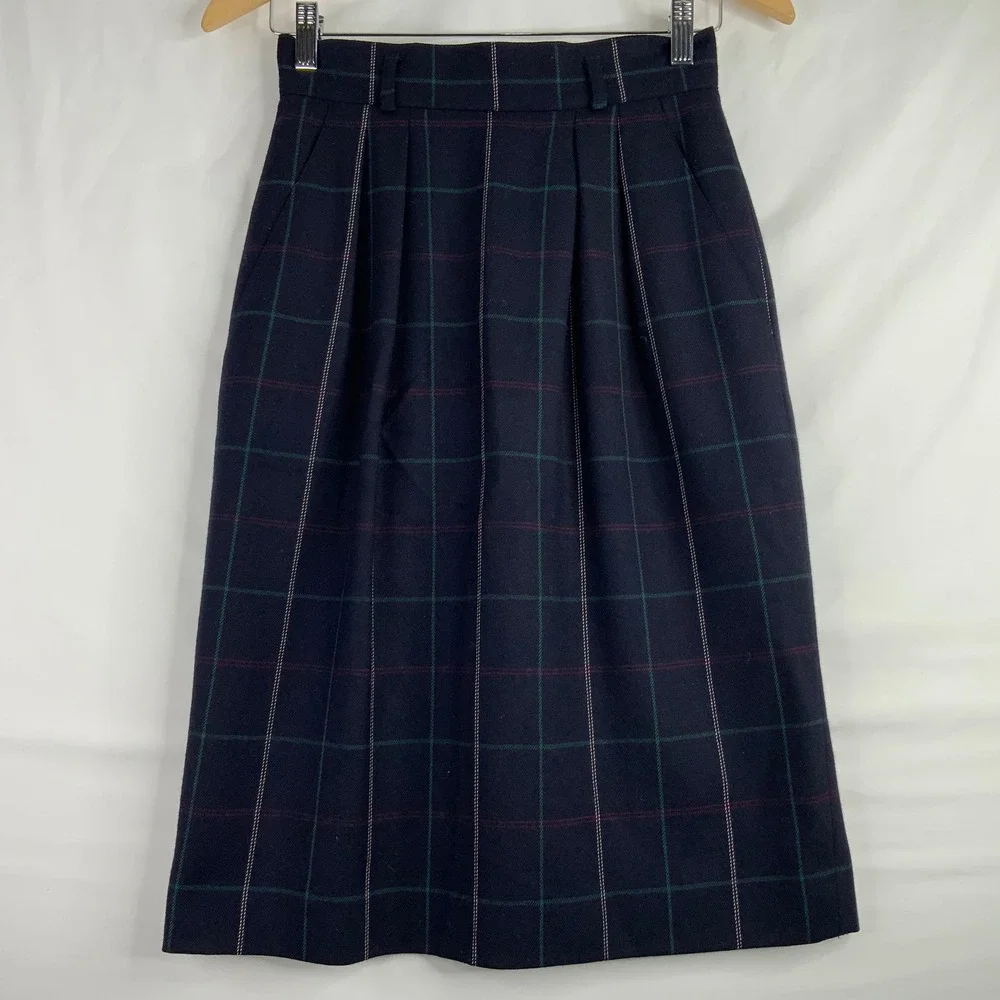 Jones New York Vintage 100% Pure Wool Plaid Pleated Midi Skirt Navy Blue Size 4